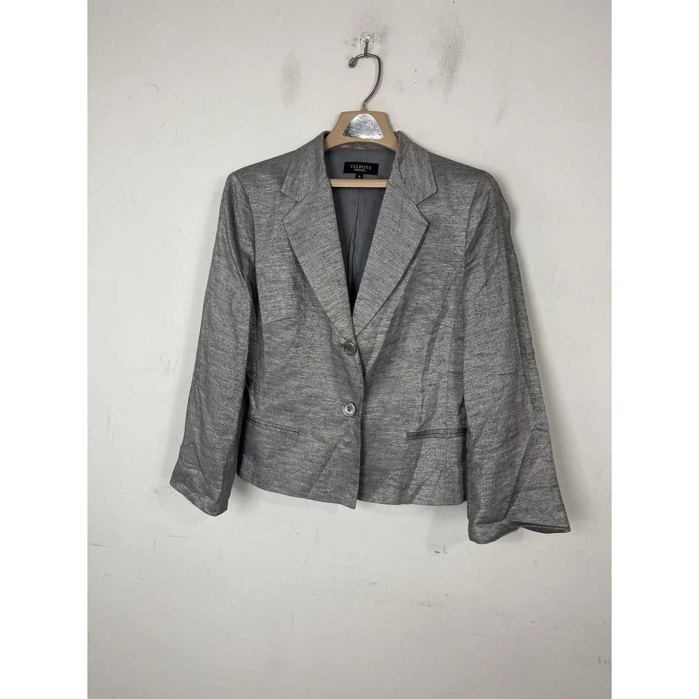 Talbots Womens Blazer Jacket 16 Gray Silver Holiday Party Cocktail Linen‎ Blend